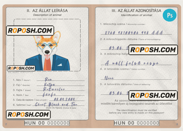Hungary dog (animal, pet) passport PSD template, fully editable