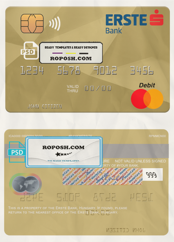 Hungary Erste Bank mastercard template in PSD format, fully editable scan effect