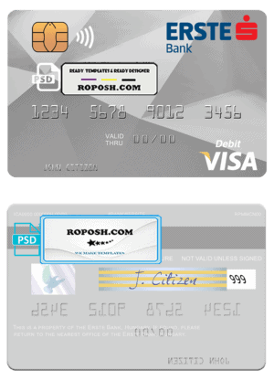 Hungary Erste Bank visa card template in PSD format, fully editable