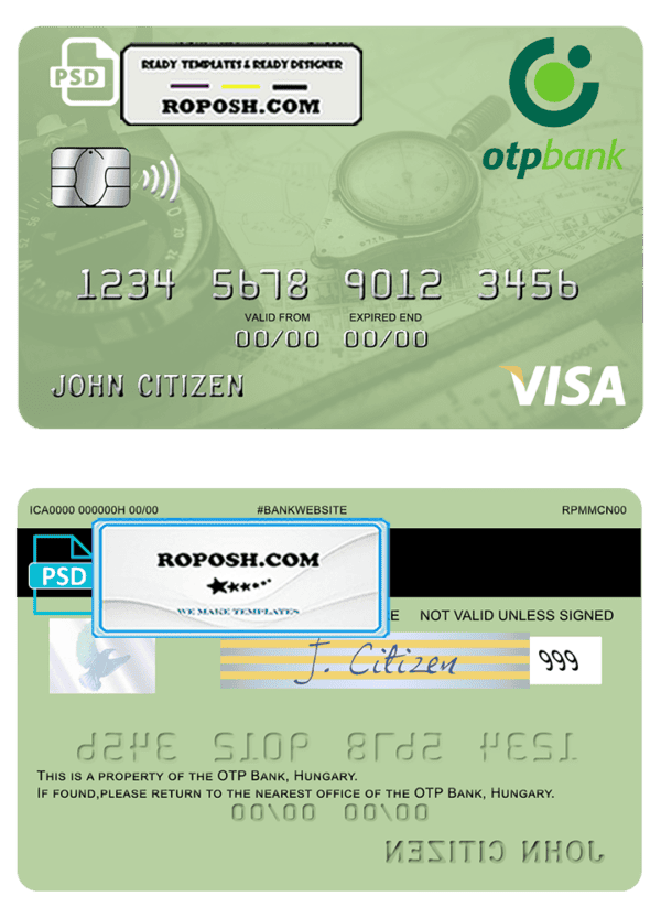 Hungary OTP Bank visa card template in PSD format, fully editable