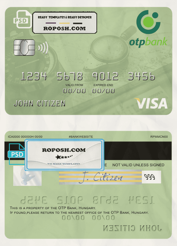 Hungary OTP Bank visa card template in PSD format, fully editable