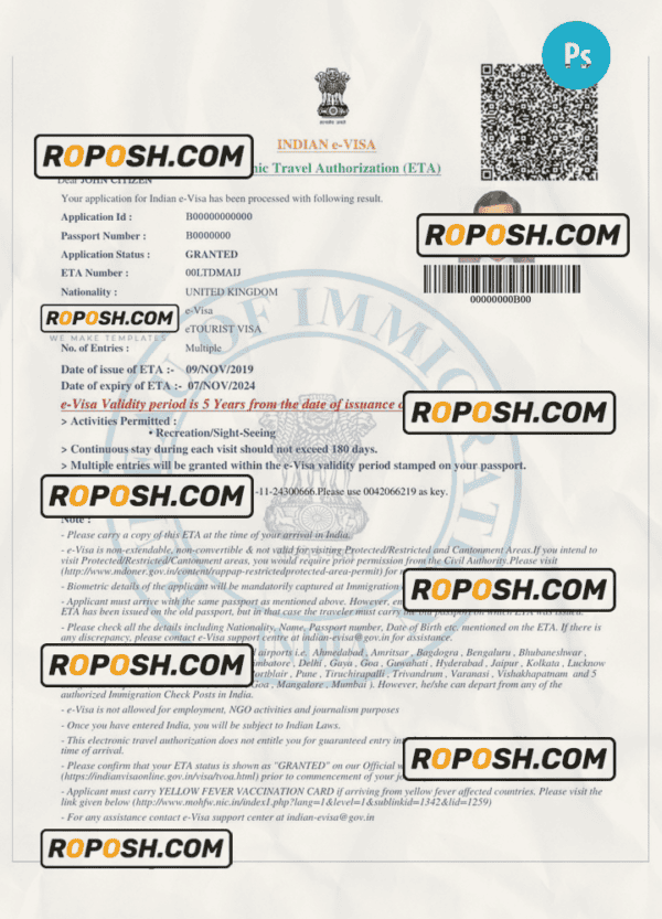 INDIA electronic visa PSD template, fully editable