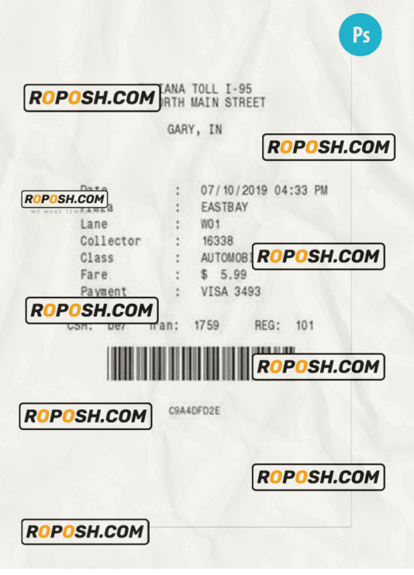 INDIANA TOLL payment check PSD template