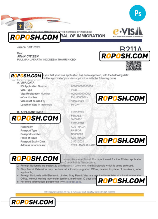 INDONESIA electronic visa PSD template, completely editable, with fonts