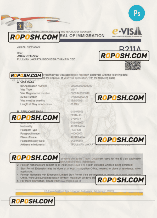 INDONESIA electronic visa PSD template, completely editable, with fonts
