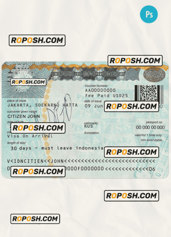 Indonesia travel visa PSD template, with fonts