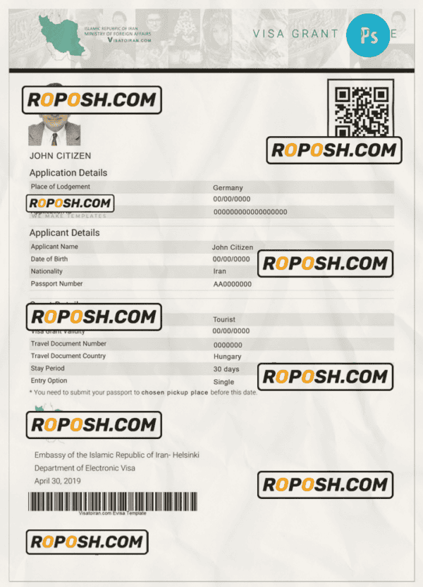 IRAN electronic visa PSD template, fully editable