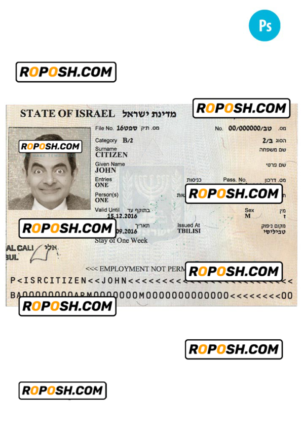 ISRAEL tourist visa PSD template, version 3