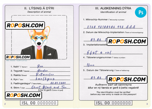 Iceland dog (animal, pet) passport PSD template, fully editable
