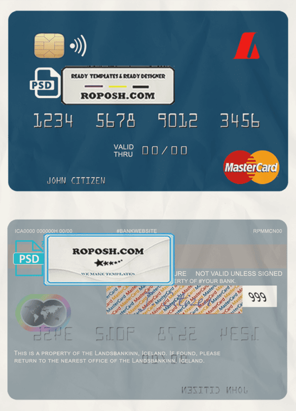 Iceland Landsbankinn mastercard template in PSD format, fully editable