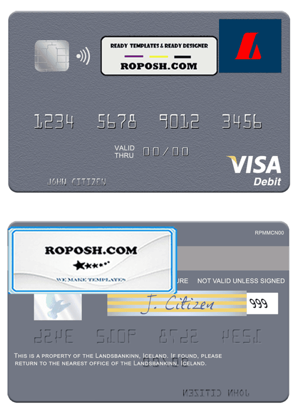Iceland Landsbankinn visa card template in PSD format, fully editable