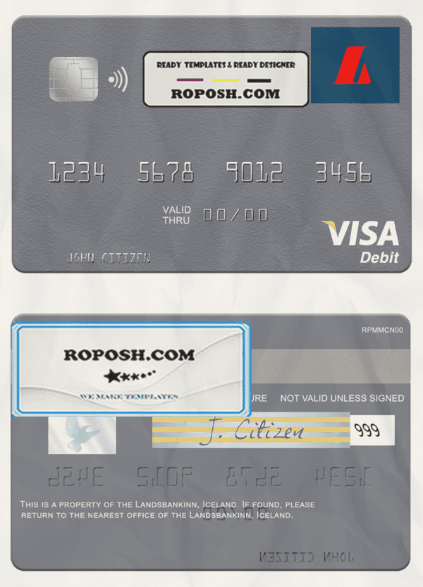 Iceland Landsbankinn visa card template in PSD format, fully editable