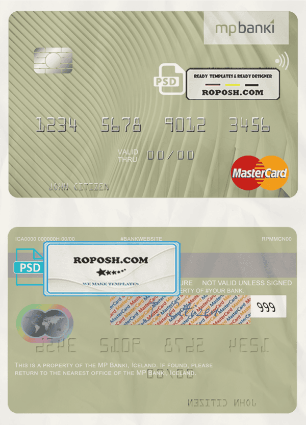 Iceland MP Banki mastercard template in PSD format, fully editable