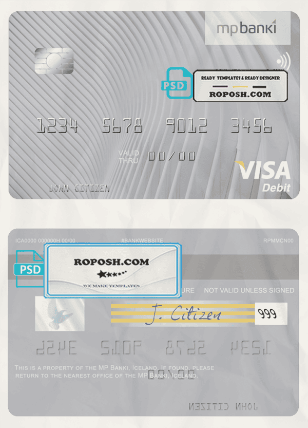 Iceland MP Banki visa card template in PSD format, fully editable