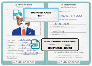 India cat (animal, pet) passport PSD template, completely editable