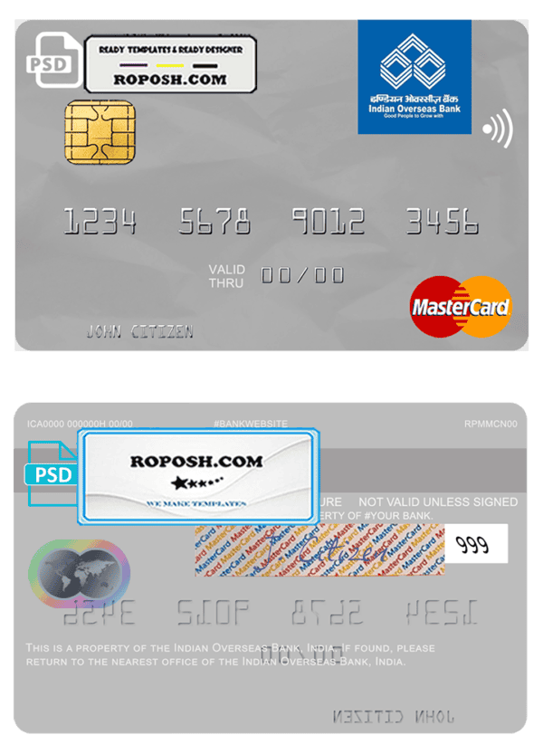 India Indian Overseas Bank mastercard template in PSD format, fully editable
