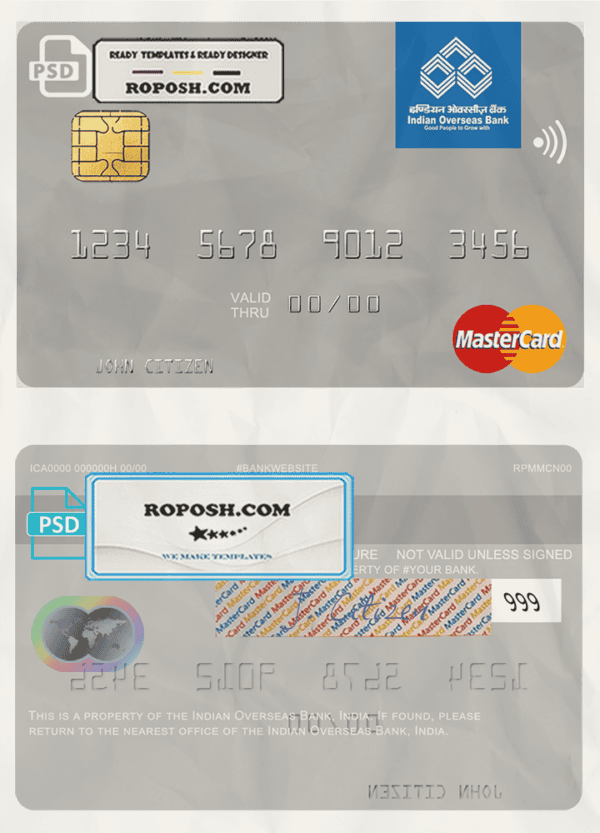 India Indian Overseas Bank mastercard template in PSD format, fully editable