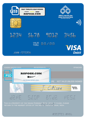 India Indian Overseas Bank visa card template in PSD format, fully editable