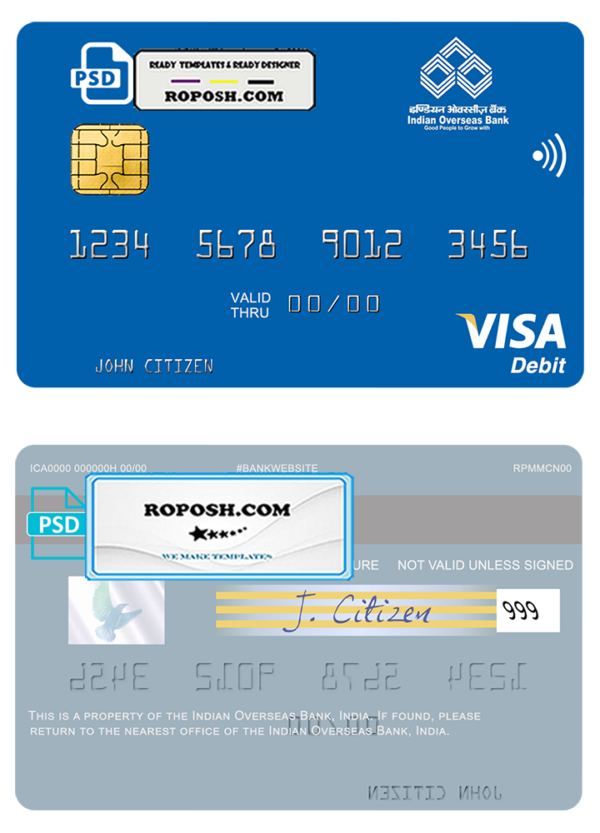 India Indian Overseas Bank visa card template in PSD format, fully editable