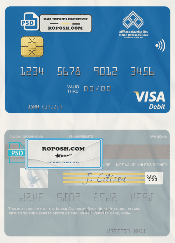 India Indian Overseas Bank visa card template in PSD format, fully editable
