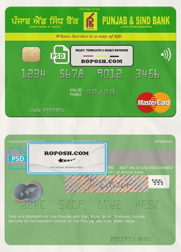 India Punjab and Sind Bank mastercard template in PSD format, fully editable