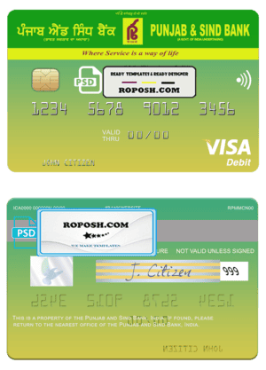 India Punjab and Sind Bank visa card template in PSD format, fully editable