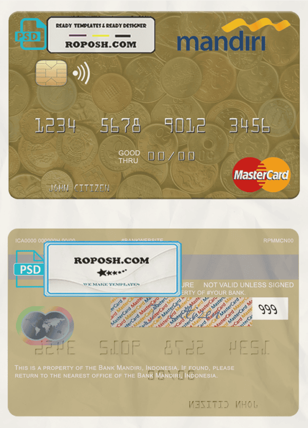 Indonesia Bank Mandiri mastercard template in PSD format, fully editable