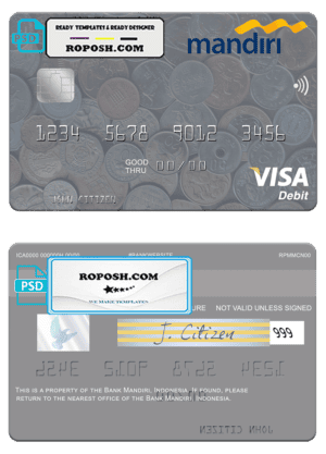 Indonesia Bank Mandiri visa card template in PSD format, fully editable