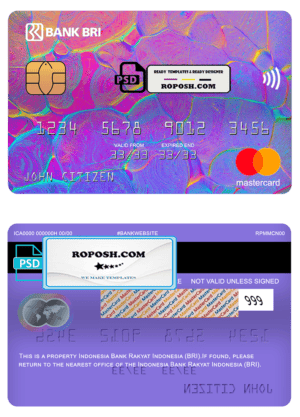 Indonesia bank Rakyat Indonesia (BRI) bank mastercard, fully editable template in PSD format