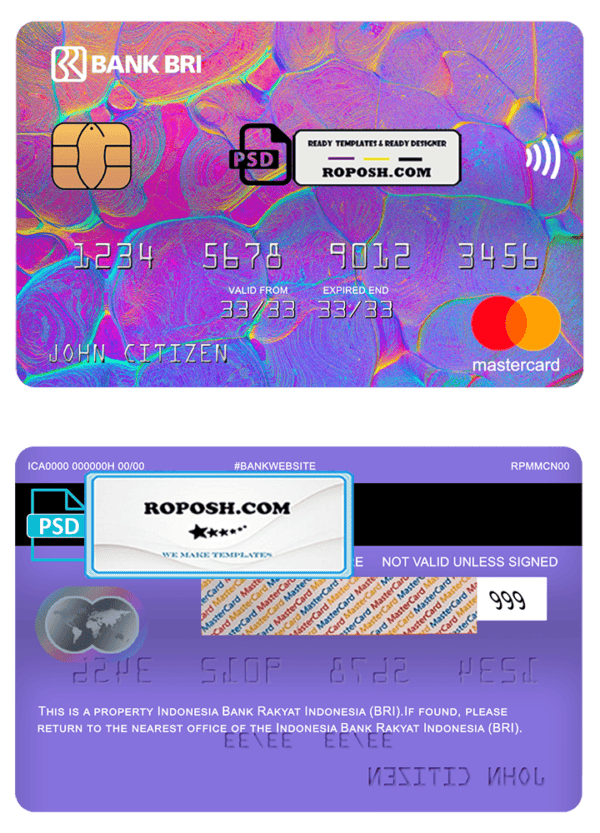 Indonesia bank Rakyat Indonesia (BRI) bank mastercard, fully editable template in PSD format