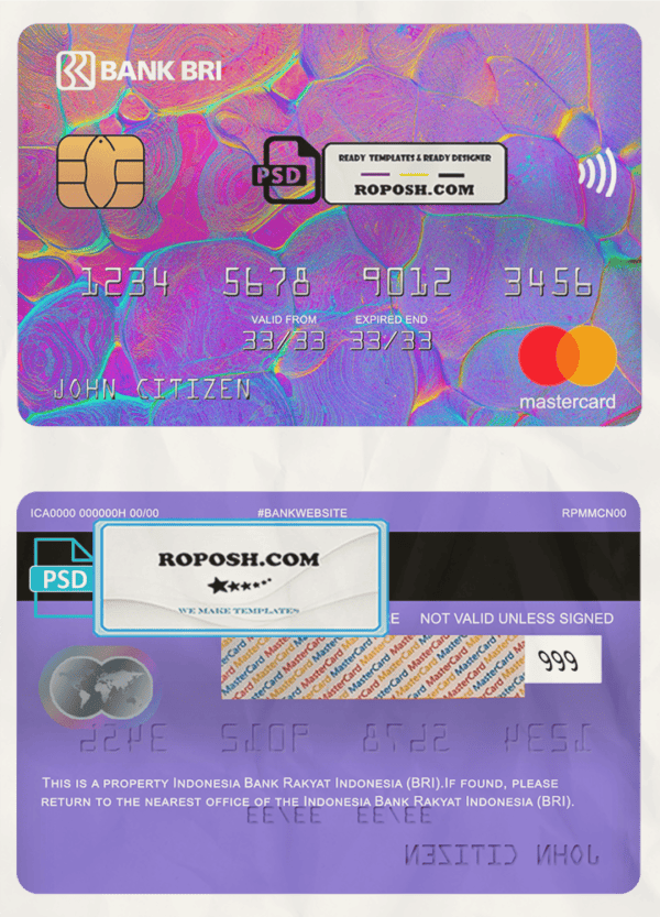 Indonesia bank Rakyat Indonesia (BRI) bank mastercard, fully editable template in PSD format