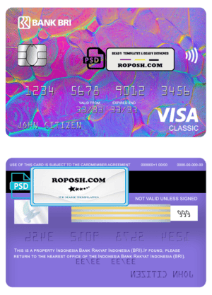 Indonesia bank Rakyat Indonesia (BRI) bank visa classic card, fully editable template in PSD format