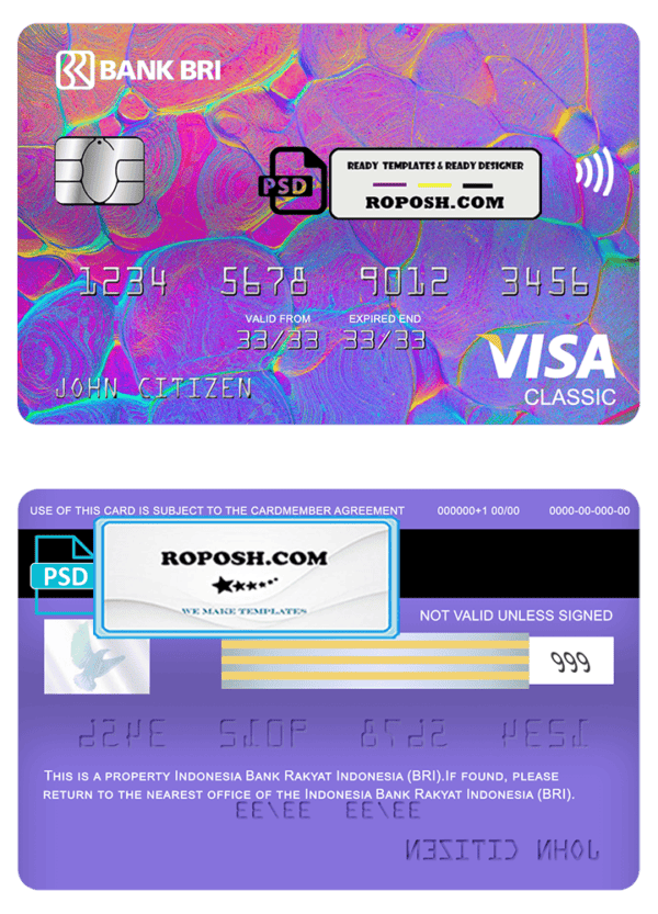 Indonesia bank Rakyat Indonesia (BRI) bank visa classic card, fully editable template in PSD format