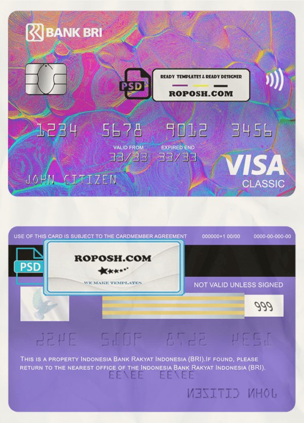 Indonesia bank Rakyat Indonesia (BRI) bank visa classic card, fully editable template in PSD format