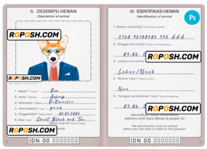 Indonesia dog (animal, pet) passport PSD template, fully editable
