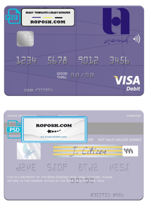 Iran Bank Saderat bank visa card template in PSD format, fully editable