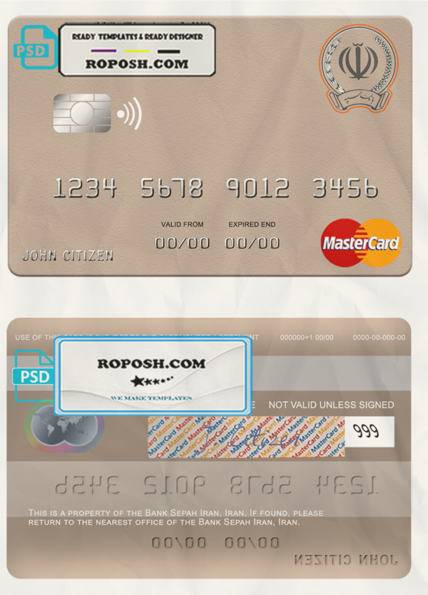 Iran Sepah bank mastercard template in PSD format, fully editable scan effect