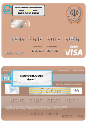 Iran Sepah bank visa card template in PSD format, fully editable