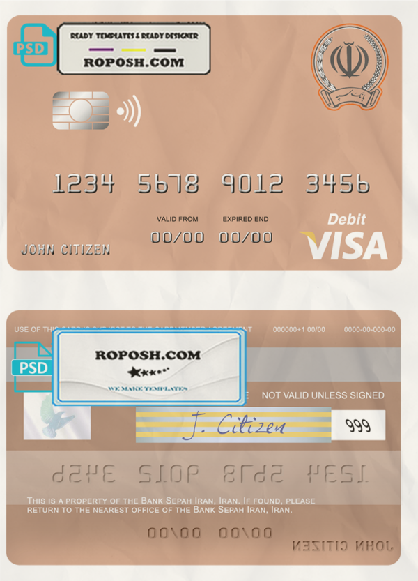 Iran Sepah bank visa card template in PSD format, fully editable scan effect