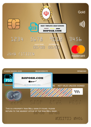 Iran Melli bank mastercard gold, fully editable template in PSD format