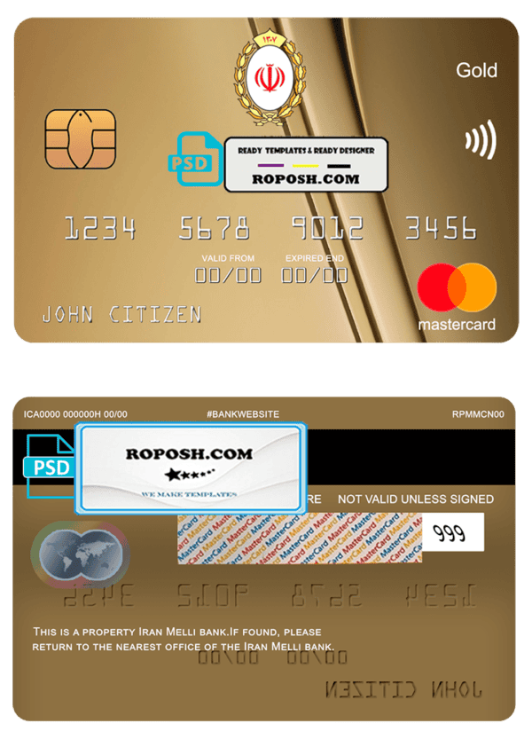 Iran Melli bank mastercard gold, fully editable template in PSD format