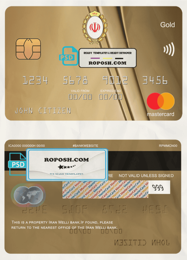 Iran Melli bank mastercard gold, fully editable template in PSD format