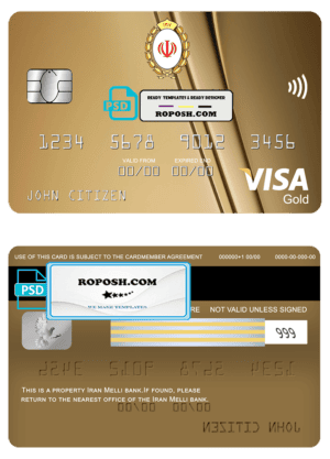 Iran Melli bank visa gold card, fully editable template in PSD format