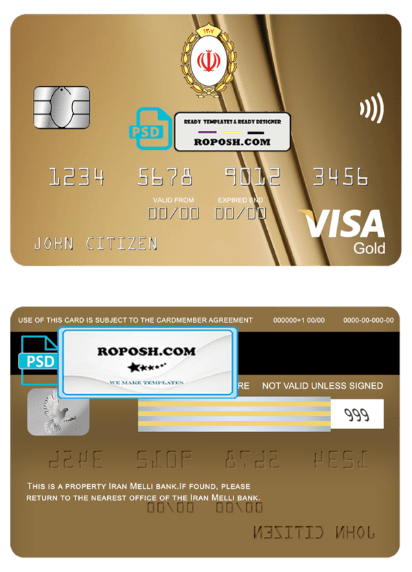 Iran Melli bank visa gold card, fully editable template in PSD format