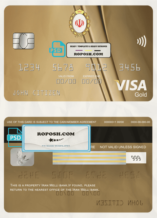 Iran Melli bank visa gold card, fully editable template in PSD format