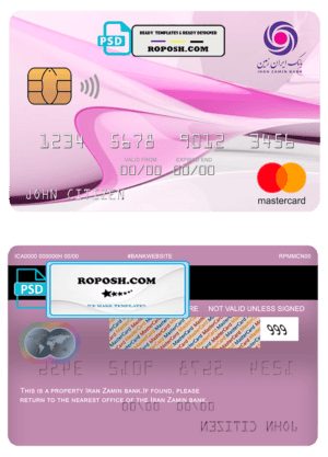 Iran Zamin bank mastercard, fully editable template in PSD format