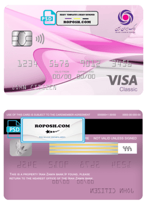Iran Zamin bank visa classic card, fully editable template in PSD format