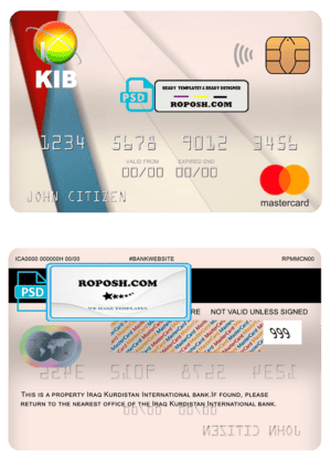 Iraq Kurdistan International bank mastercard, fully editable template in PSD format
