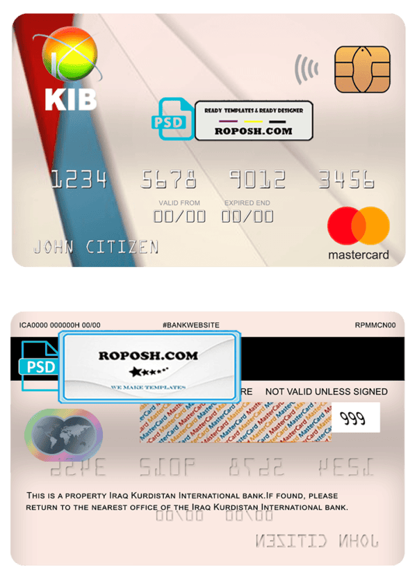 Iraq Kurdistan International bank mastercard, fully editable template in PSD format