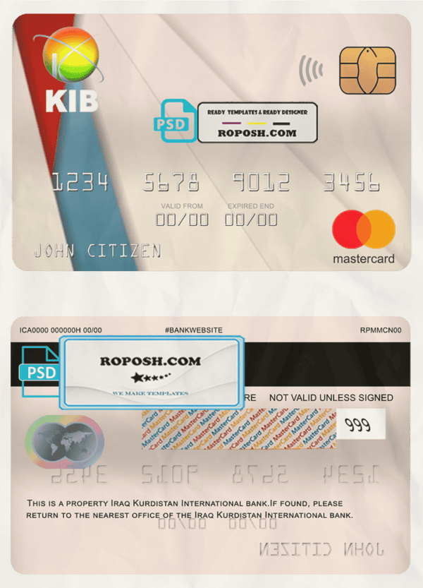 Iraq Kurdistan International bank mastercard, fully editable template in PSD format